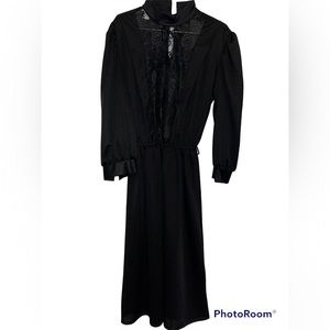Vintage Black High Neck Long Sleeve Lace Ruffle Dress Cocktail/Costume/Funeral